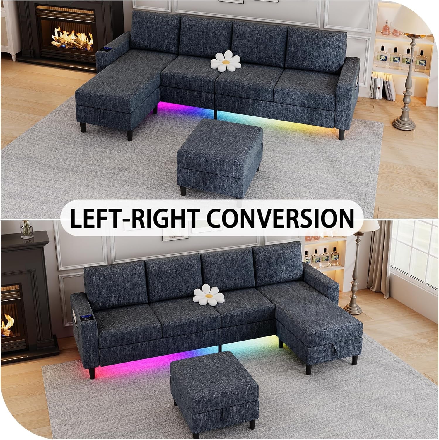 Blue Sectional Sofa With Reversible Chaise And Ottoman-4