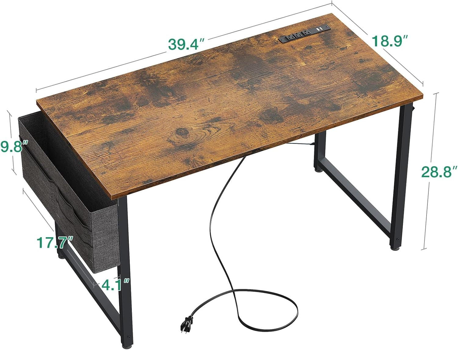 Small Desk with Power Outlets and USB Port Computer Desk for Home Office Gaming Simple Modern Style Writing Desks with Storage Bag Headphone Hook, 40 Inch, Rustic Brown-2