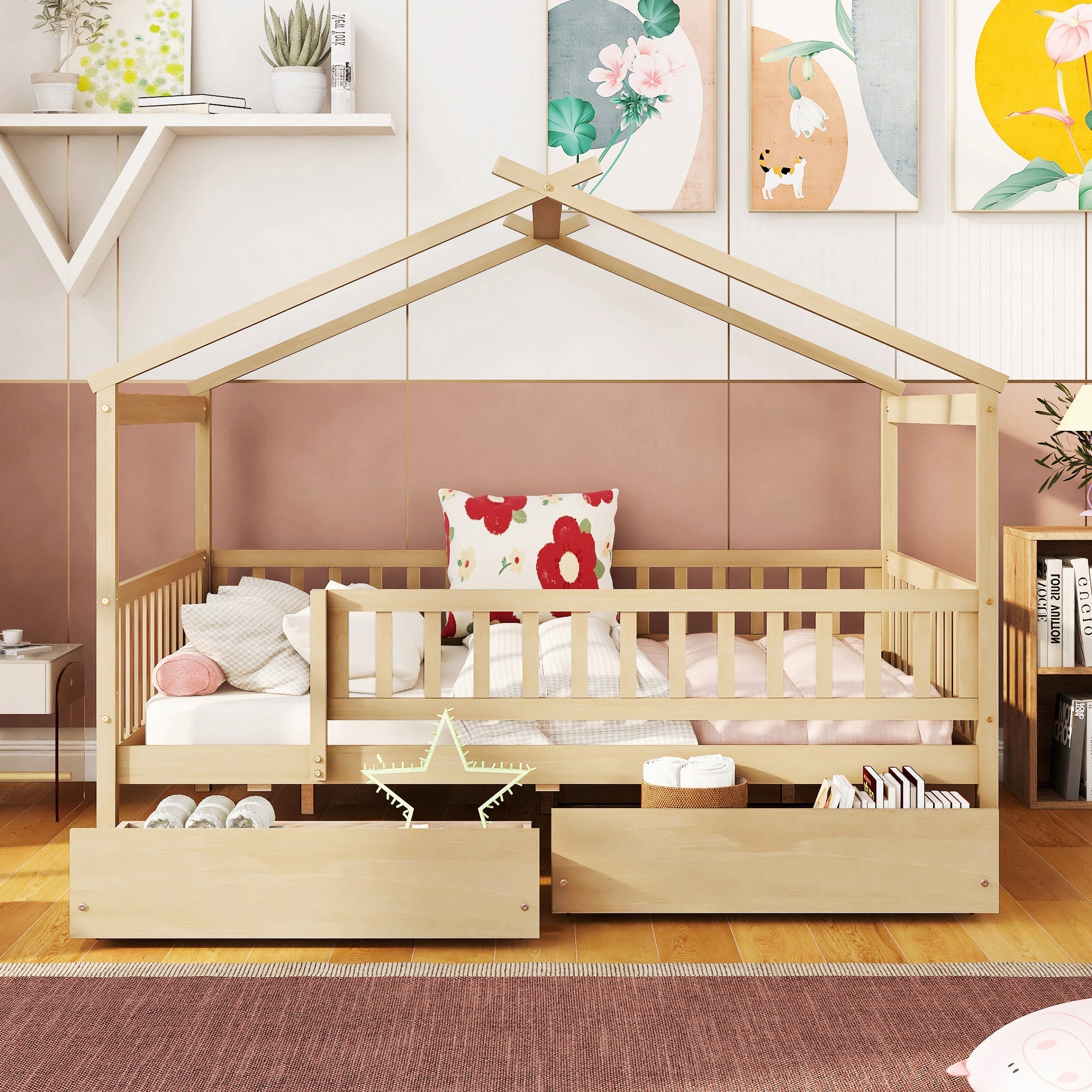 Full Size Wooden House Bed with Two Drawers