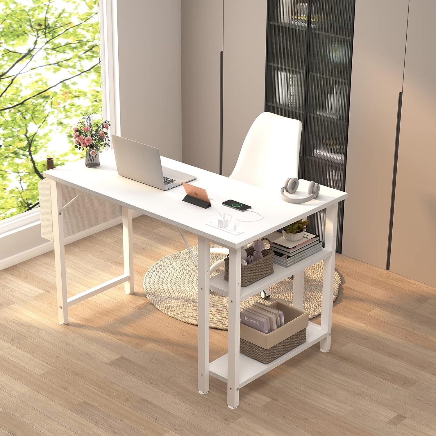 White L Shaped Computer Desk with Power Outlet Shelves, 40 Inch Small Corner Desk for Small Space Home Office, L-Shaped Desk PC Desks, White-3