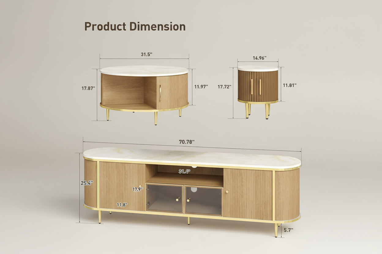 Dimensions of a wooden TV stand with white top and gold legs on a beige background.