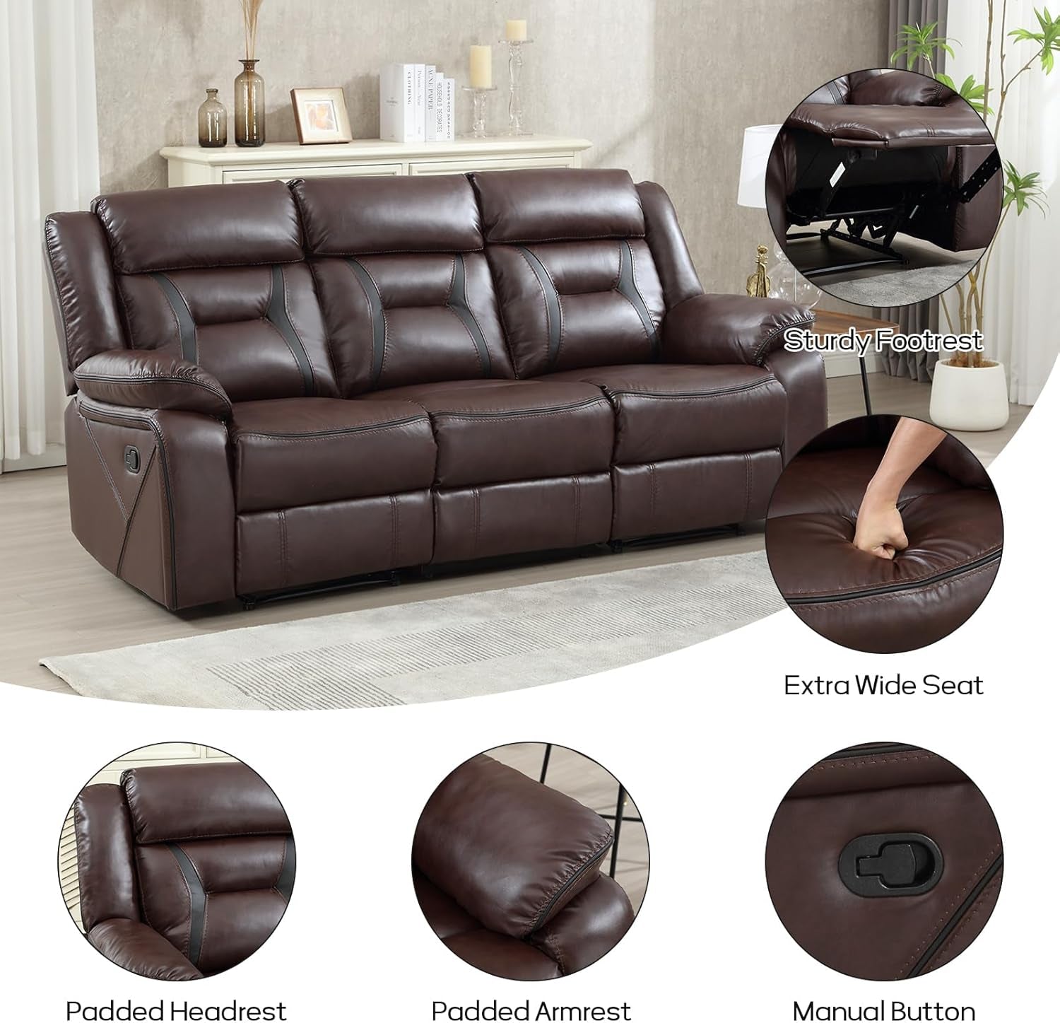 Brown leather sofa with features highlighted in a living room setting