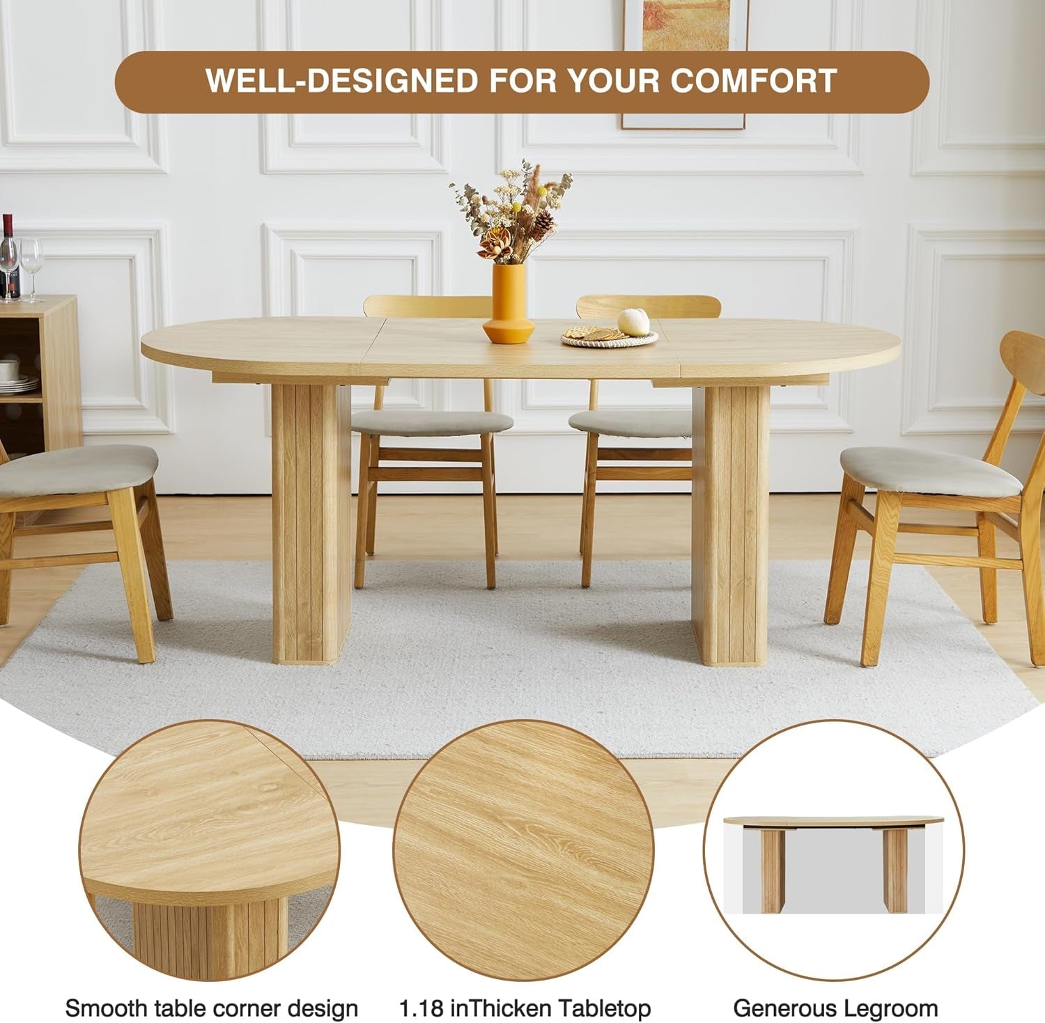 Wooden dining table with chairs in a room setting, emphasizing comfort and design.