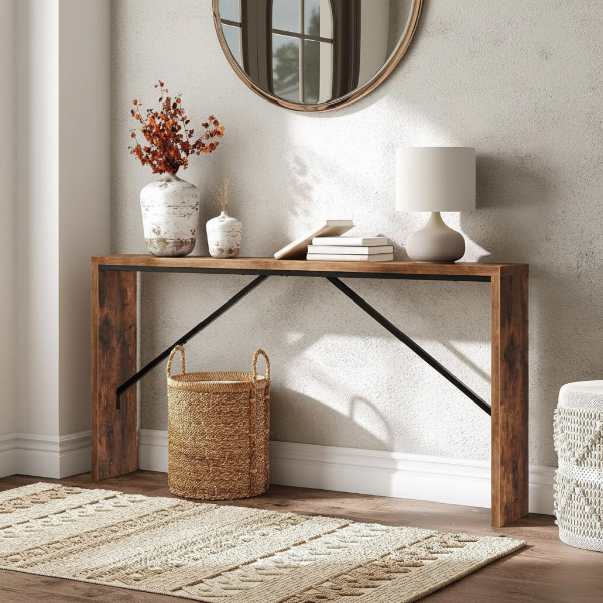 62 Inch Long Rustic Brown Console Table For Entryway