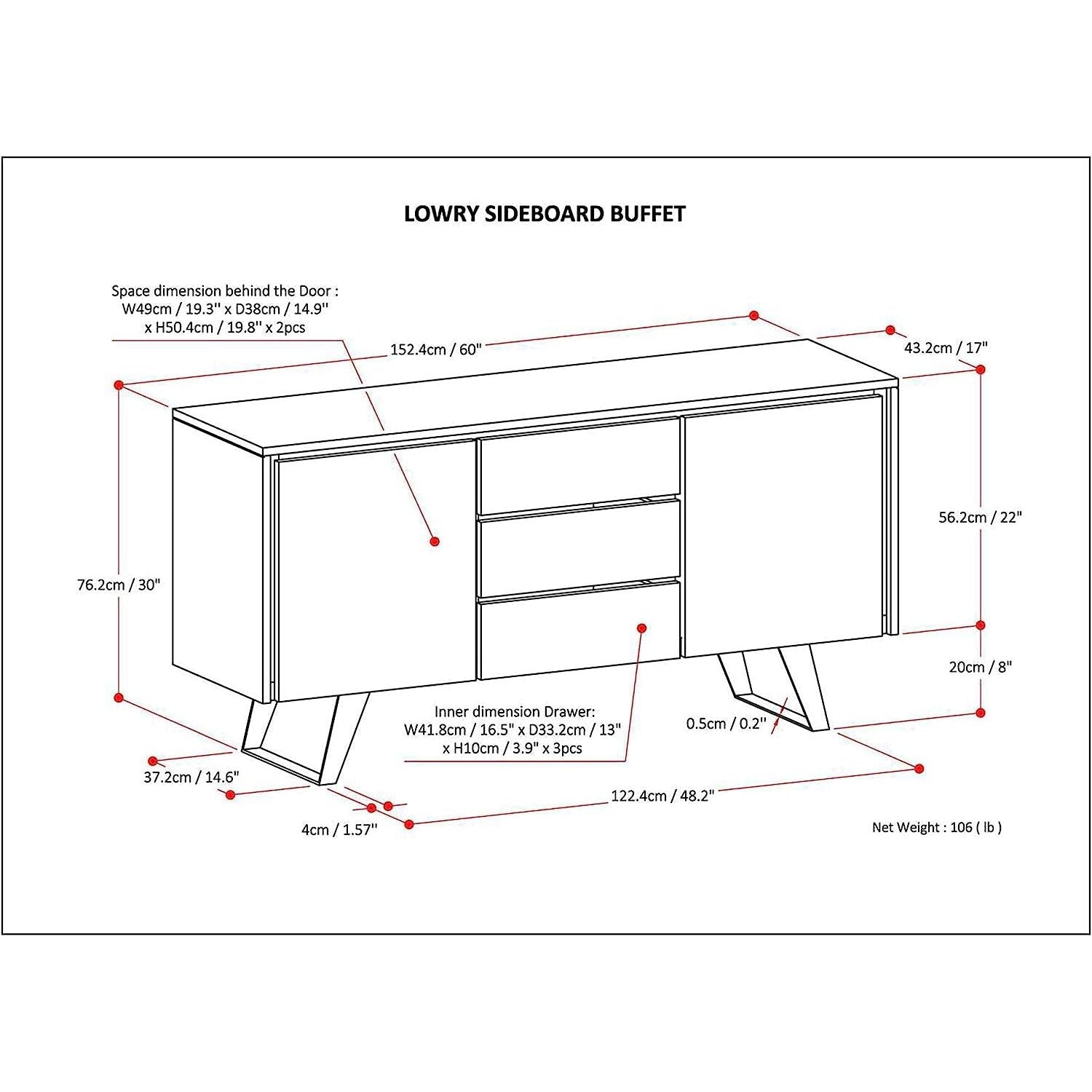 Technical drawing of a Lowry Sideboard Buffet with dimensions