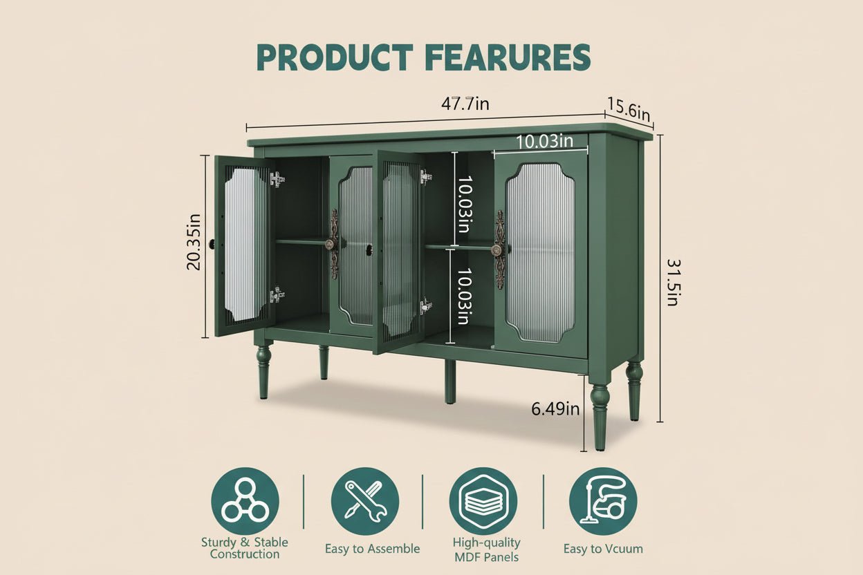 Green cabinet with dimensions and features listed on a white background
