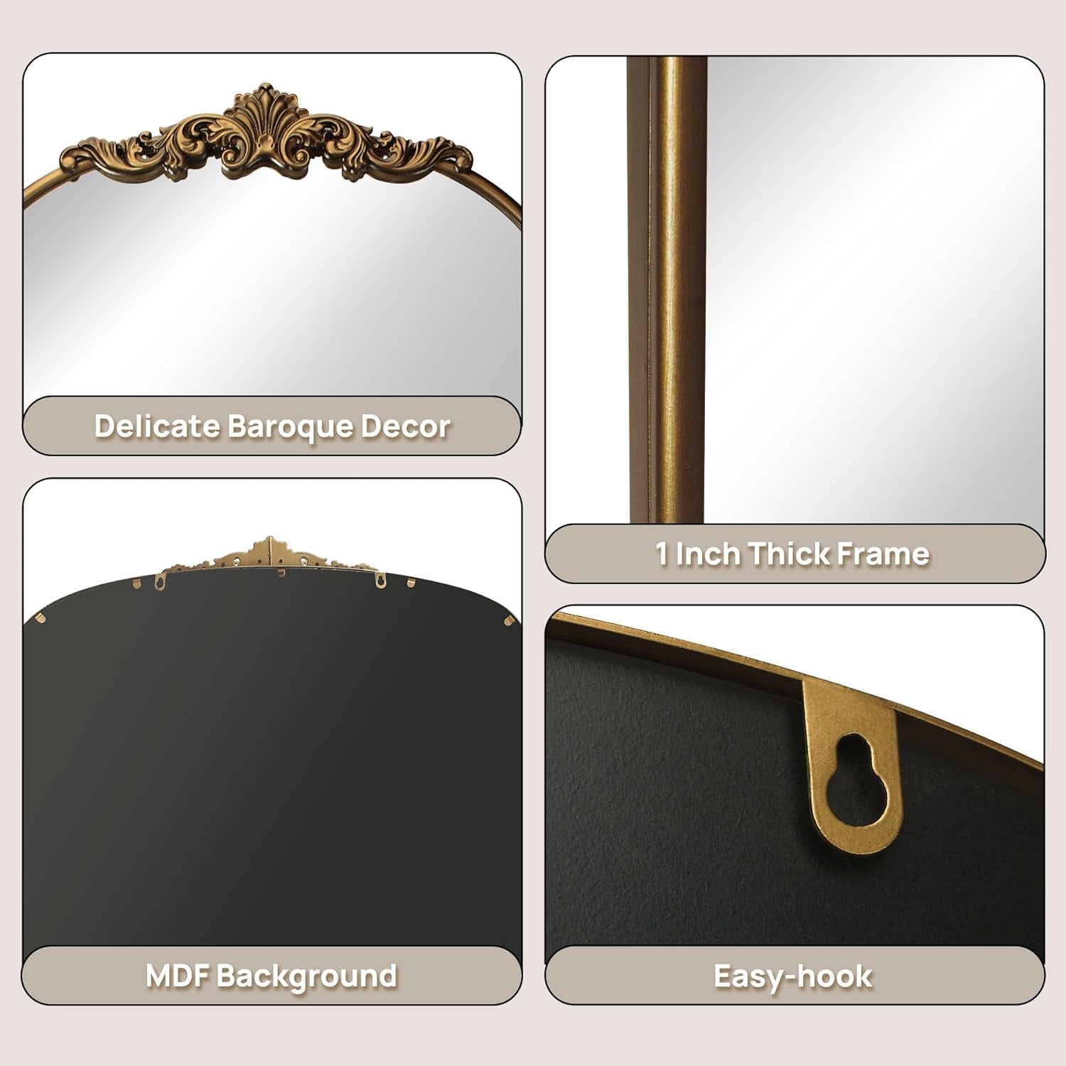 Collage of a decorative mirror with baroque design, thick frame, MDF background, and easy-hook feature.