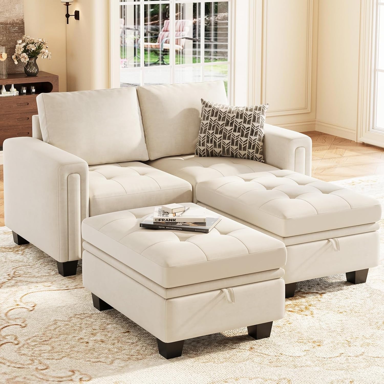 Beige Velvet Modular Sectional Sofa With Storage Sleeper-3