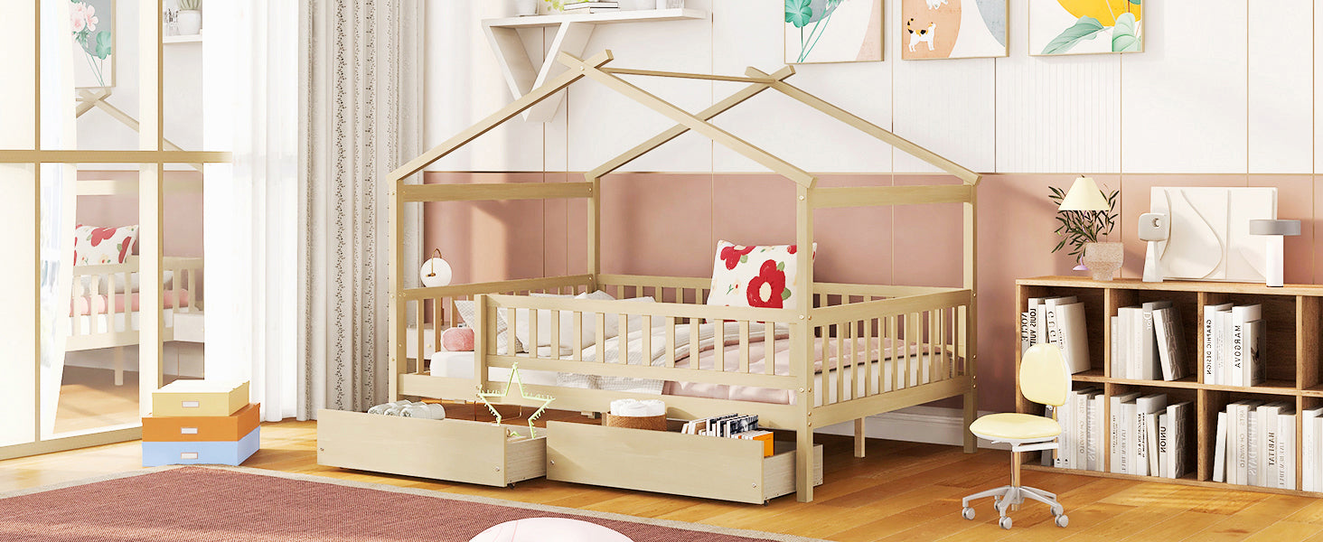 Full Size Wooden House Bed with Two Drawers