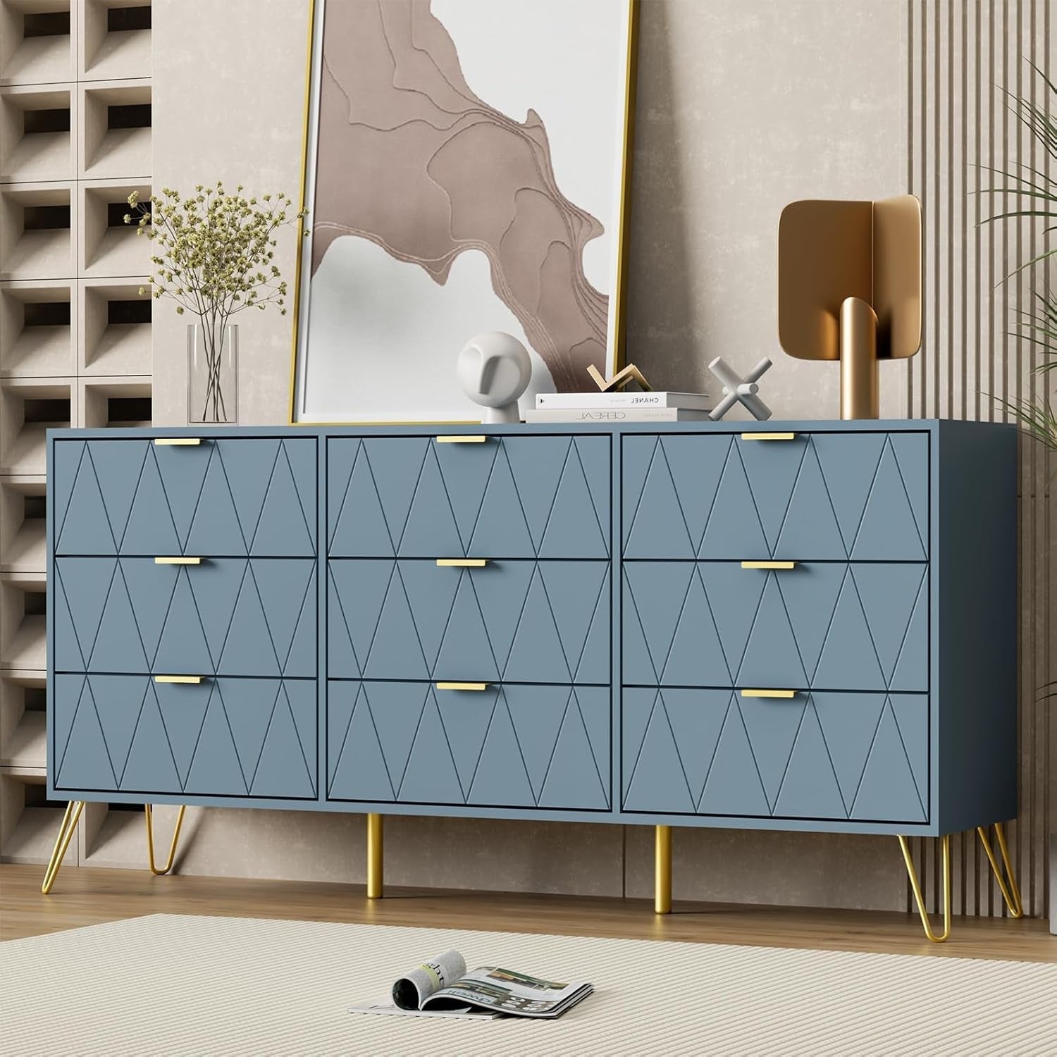Hardy Haus Blue Industrial Walnut-Finish 9-Drawer Dresser | Wide Storage Chest