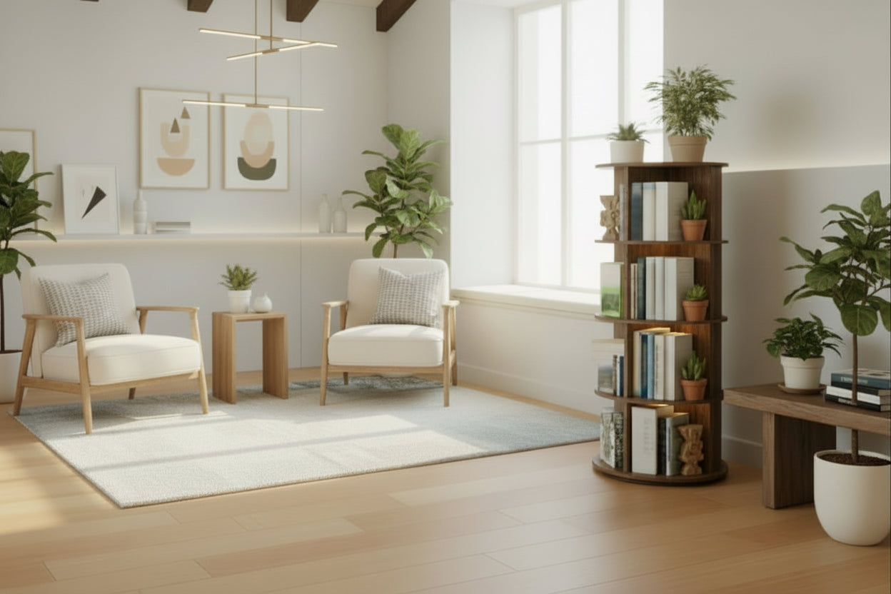 Wooden bookshelf with books and plants against a beige wall, next to a wooden side table with a lamp.