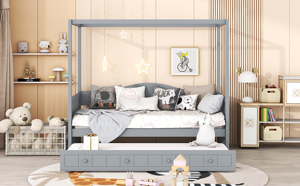Twin Size Canopy Day Bed with Twin Size Trundle and Underbed Storage