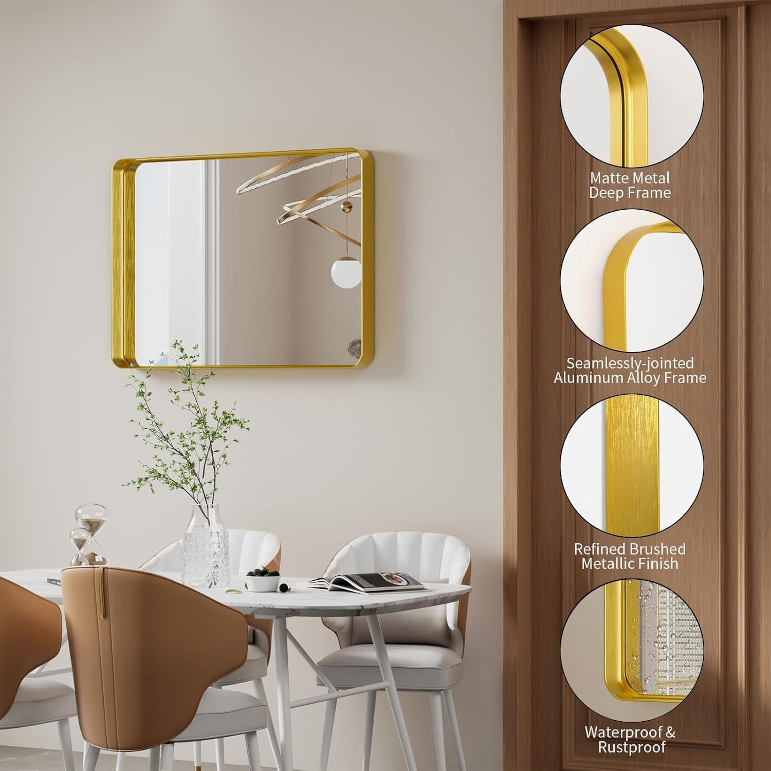 Dining room with a gold-framed mirror and table setting, featuring product details on a wooden panel.