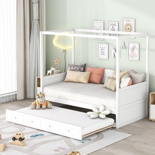 Twin Size Canopy Day Bed with Twin Size Trundle and Underbed Storage