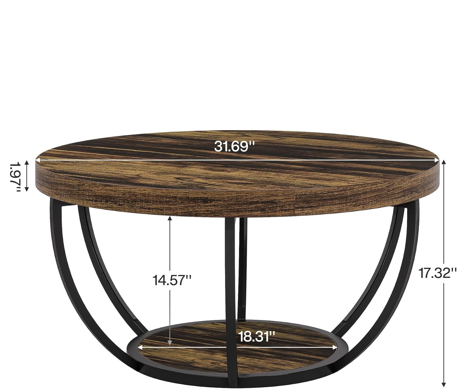 Round wooden table with measurements on a white background