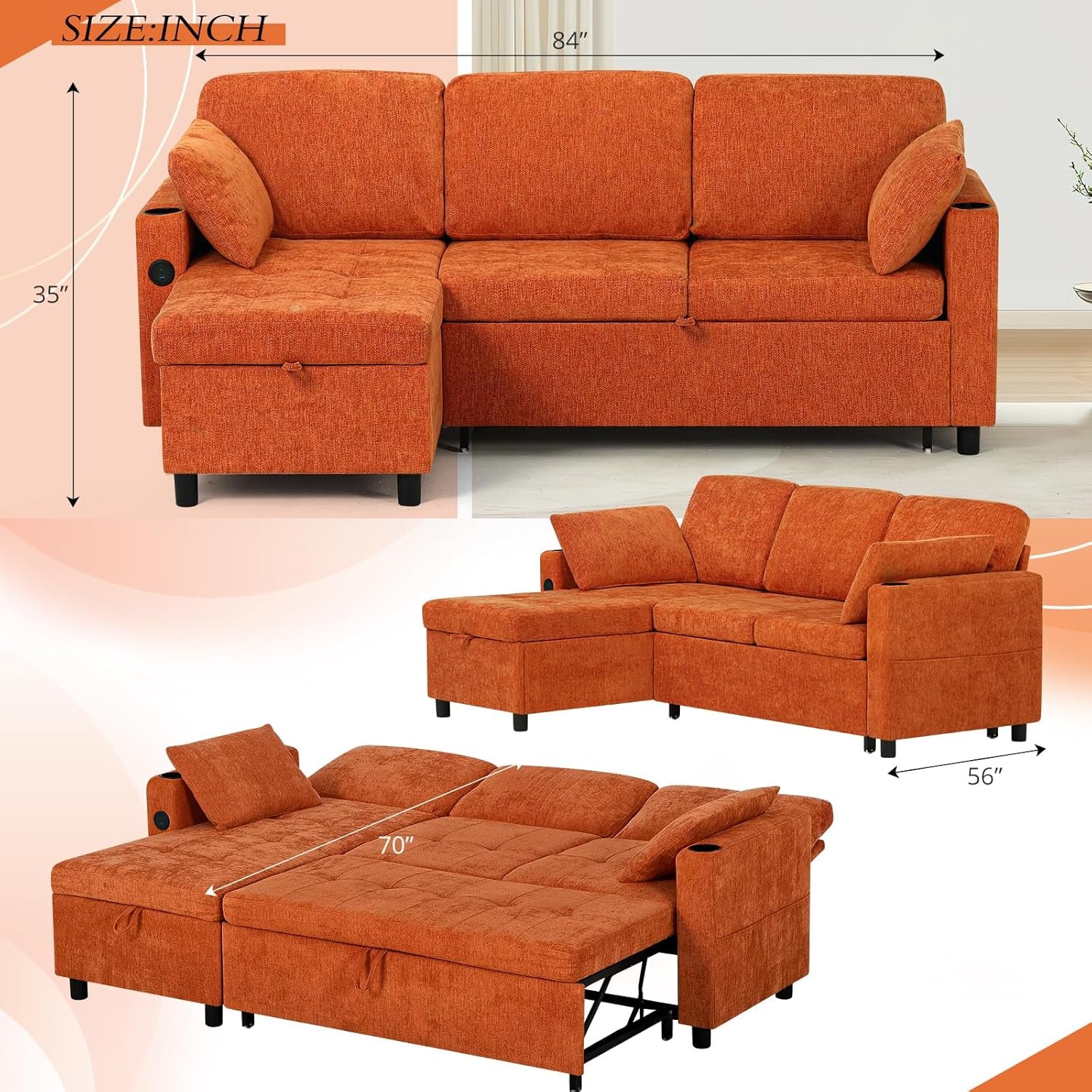 84Inches BrightOrange Chenille Pullout Sofa Bed USBPort-2