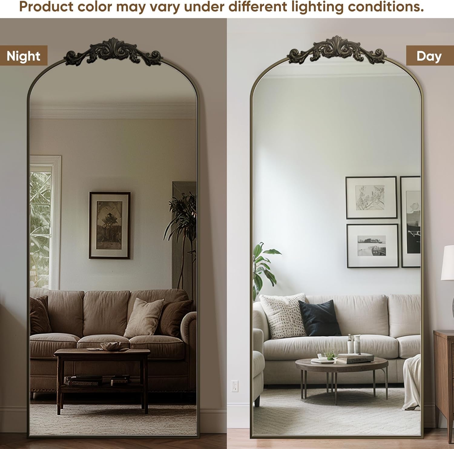 Side-by-side comparison of a decorative mirror in a living room under night and day lighting conditions.