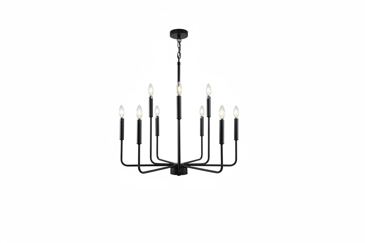 Modern dining room with a chandelier, table, and chairs in a well-lit room.