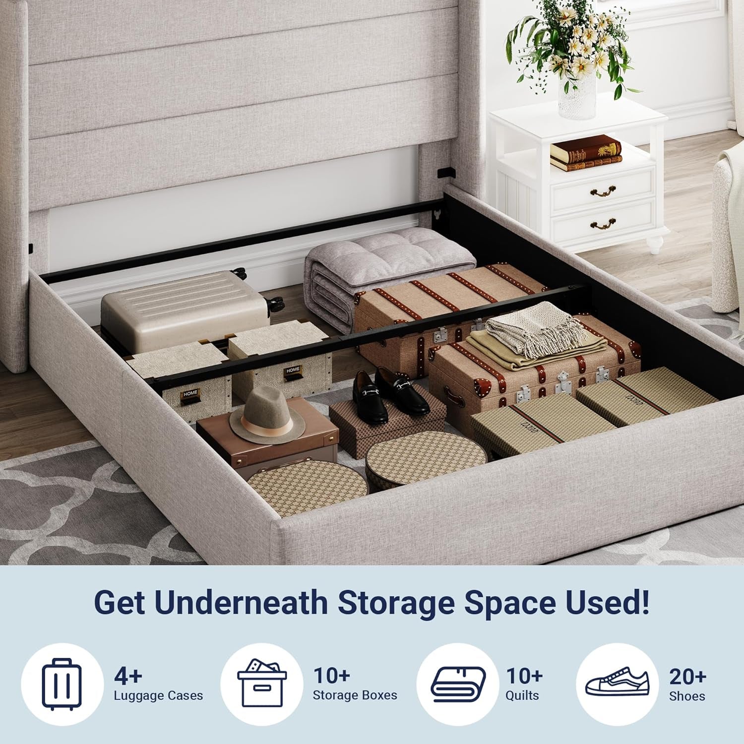 Underbed storage space with various items in a bedroom setting