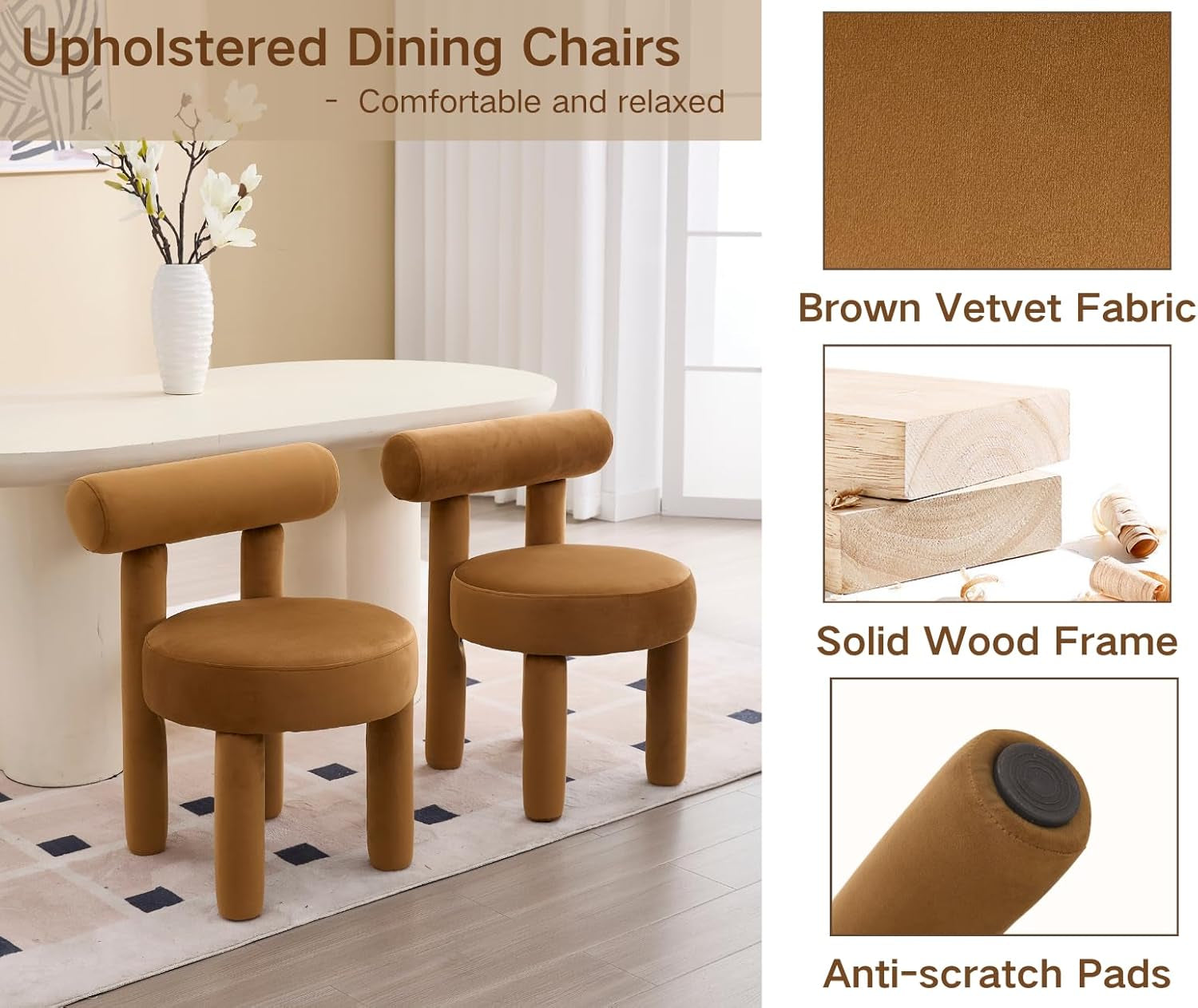 Hardy Haus Velvet Upholstered Armless Dining Chairs – Yellowish Brown (Set of 2)