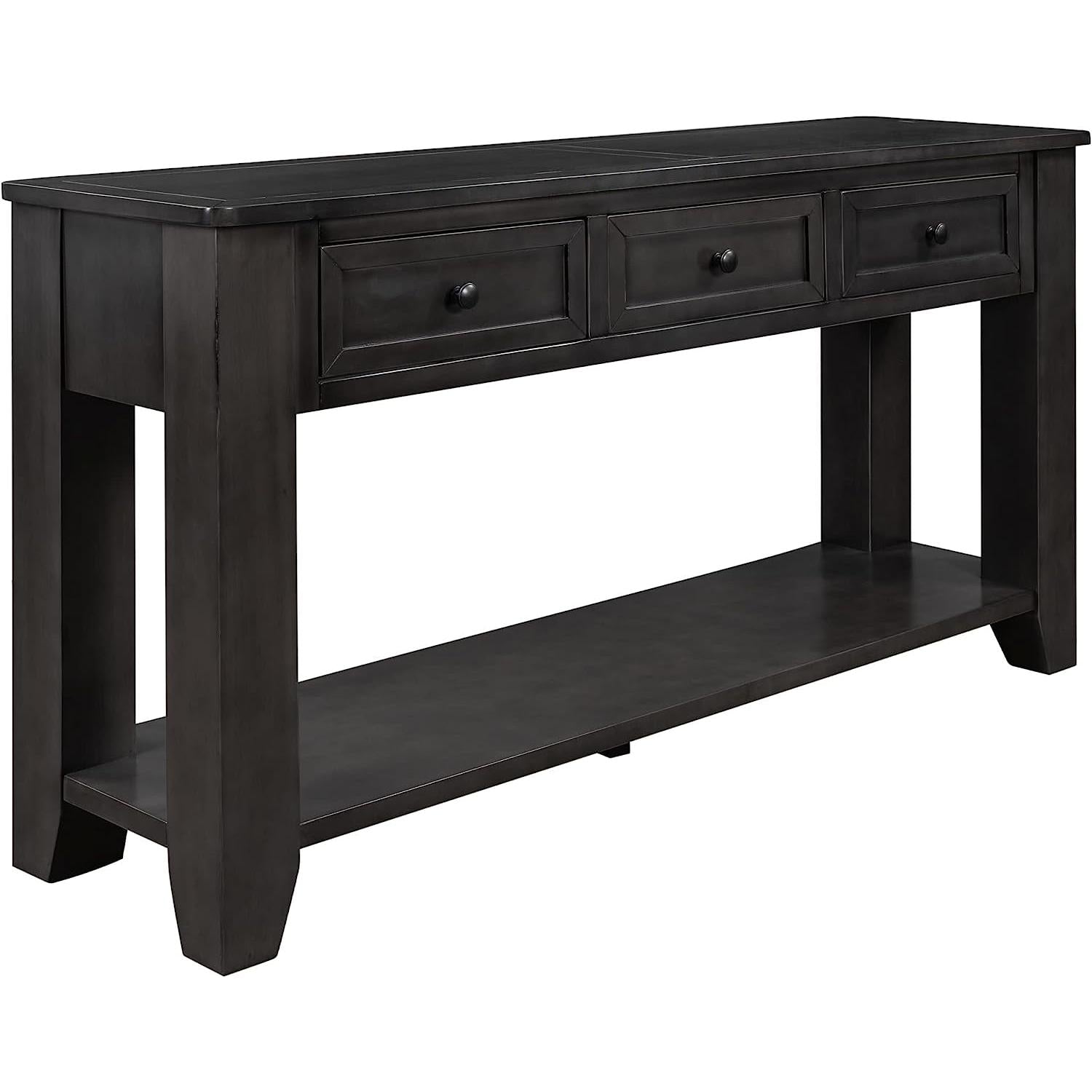 Black console table with three drawers and an open shelf on a white background
