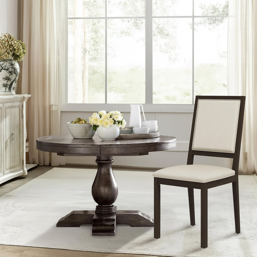 Dining room setting with a chair, table, and decorative elements, highlighting product details.