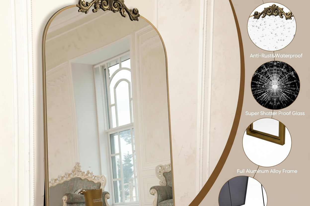 Woman looking at a large decorative mirror with inset images of its features.