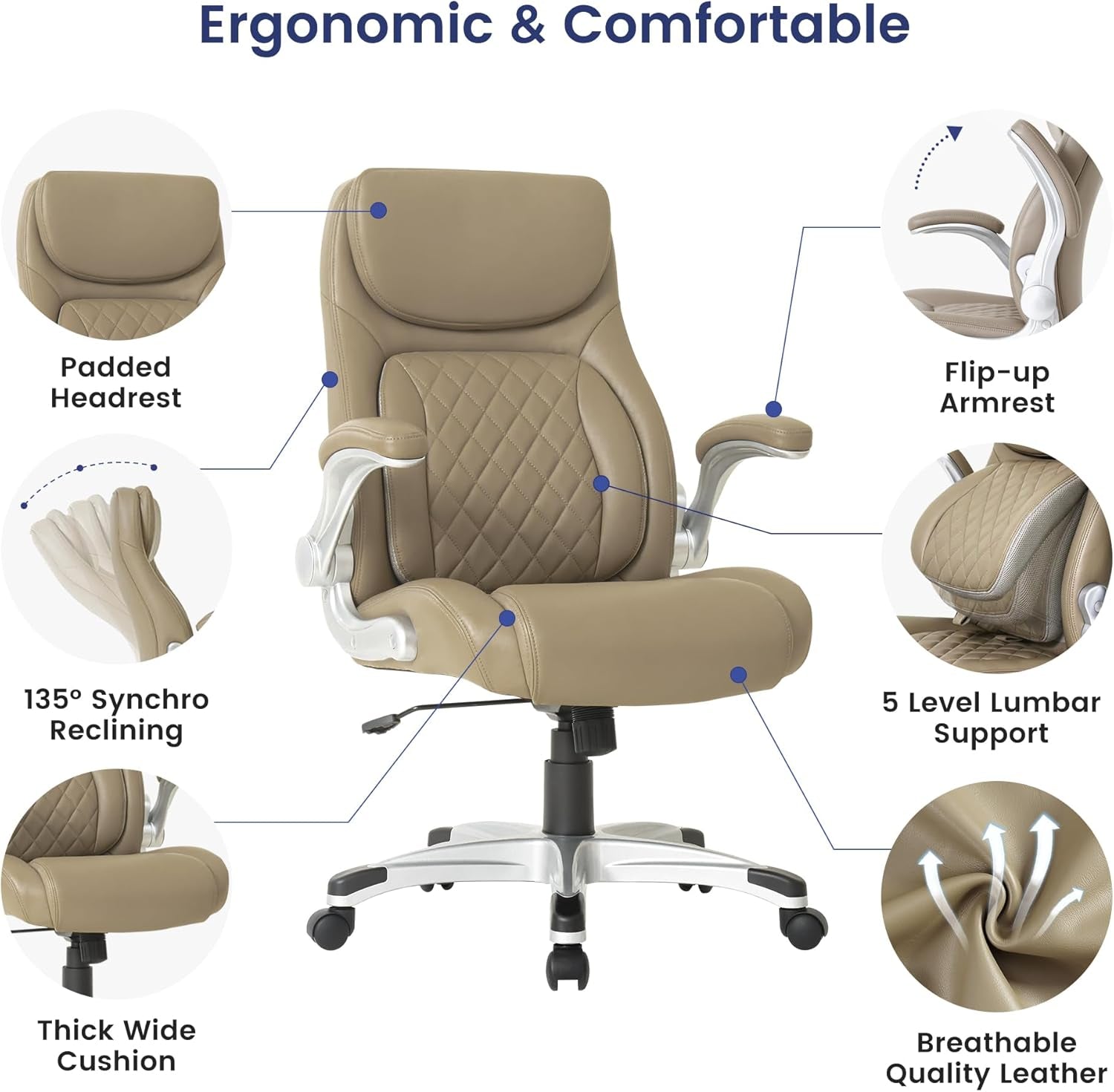 Beige office chair with ergonomic features highlighted on a white background