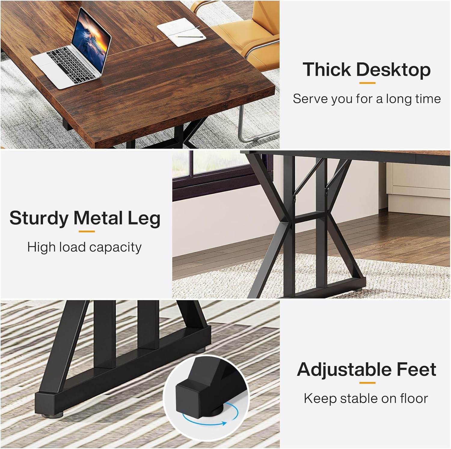 Wooden desk with laptop and chair, metal leg desk, and adjustable feet feature on a gray background.