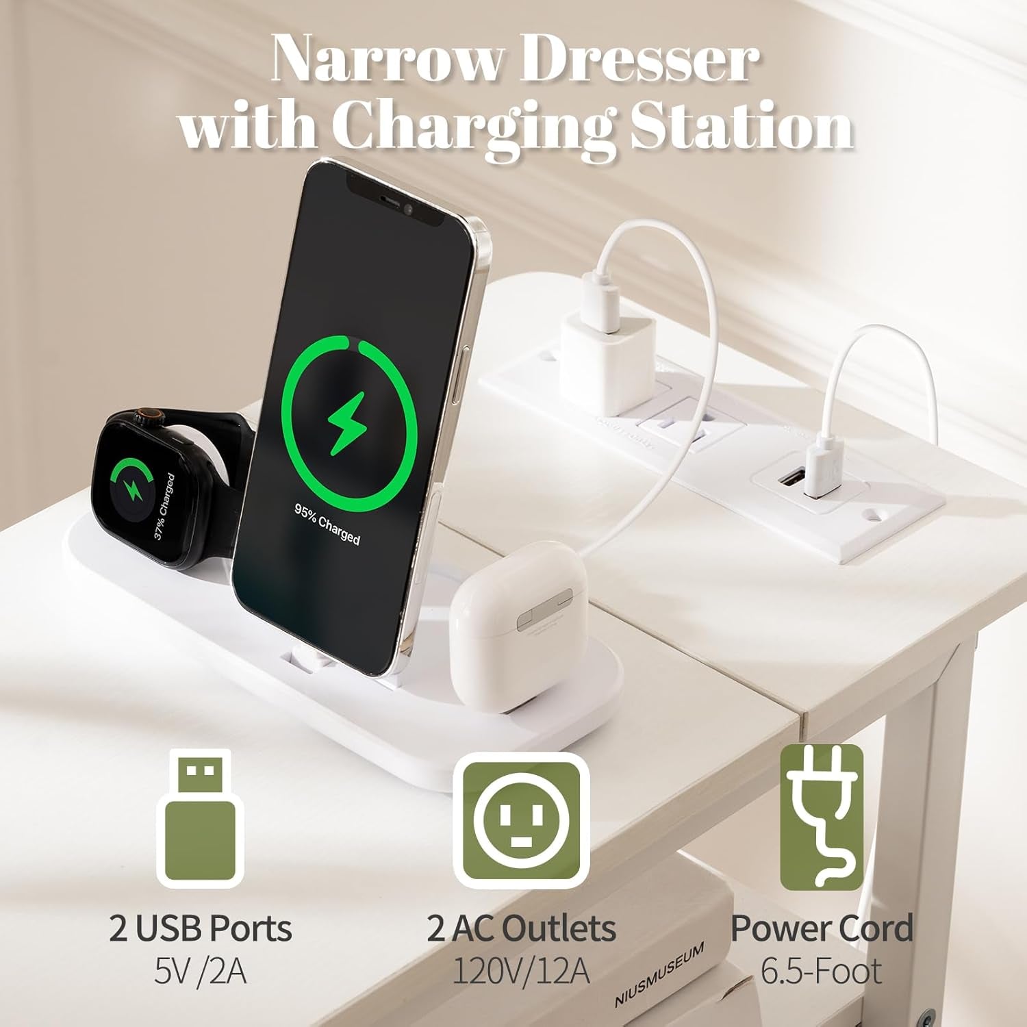Narrow dresser with charging station featuring a smartphone, smartwatch, and power adapter.