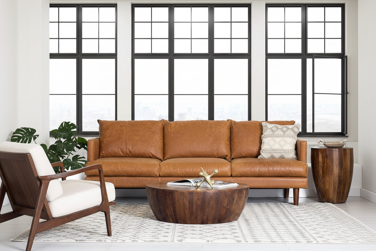 Brown leather sofa with a dog sitting on it in a modern living room.