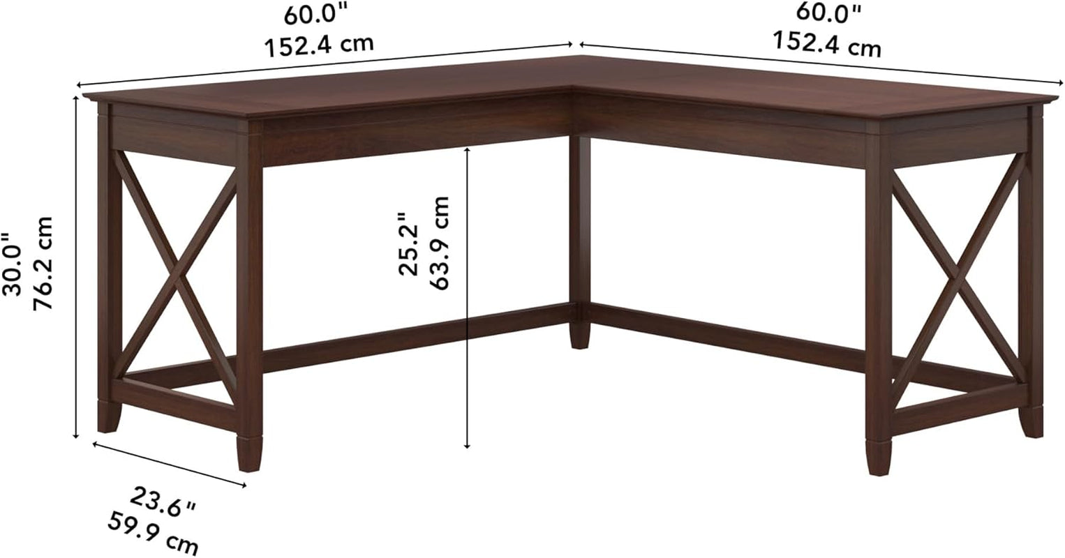 Wooden L-shaped desk with dimensions on a white background