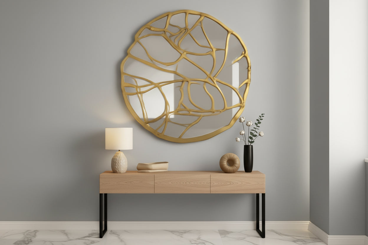 Decorative round mirror with gold frame on a beige wall above a console table.
