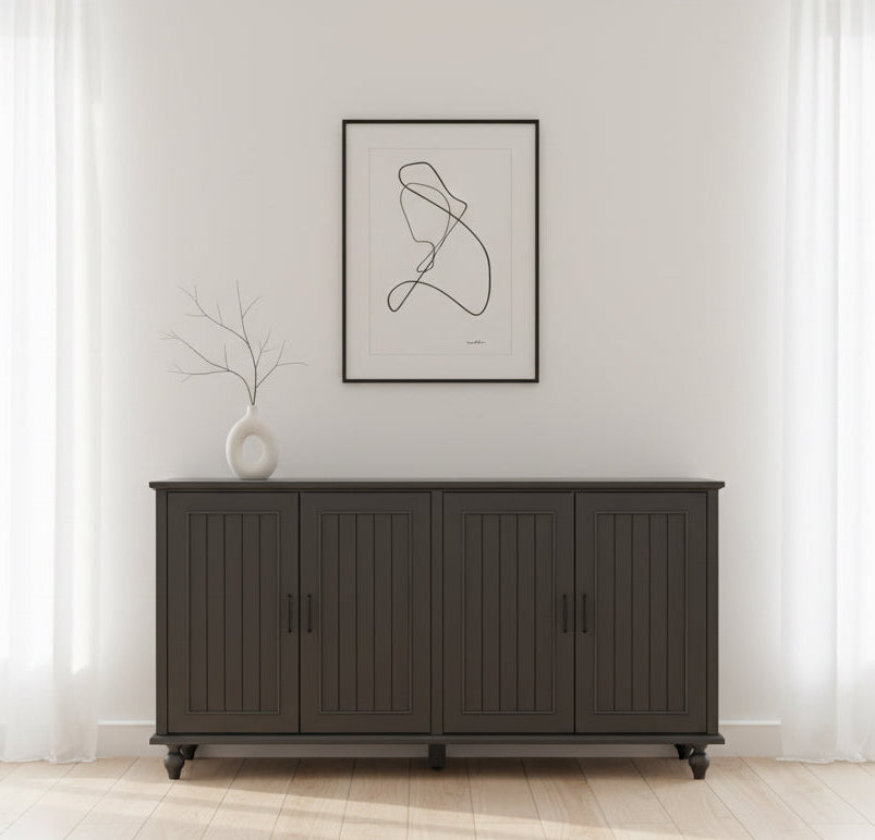 Dark wooden sideboard with decorative items in a stylish room.