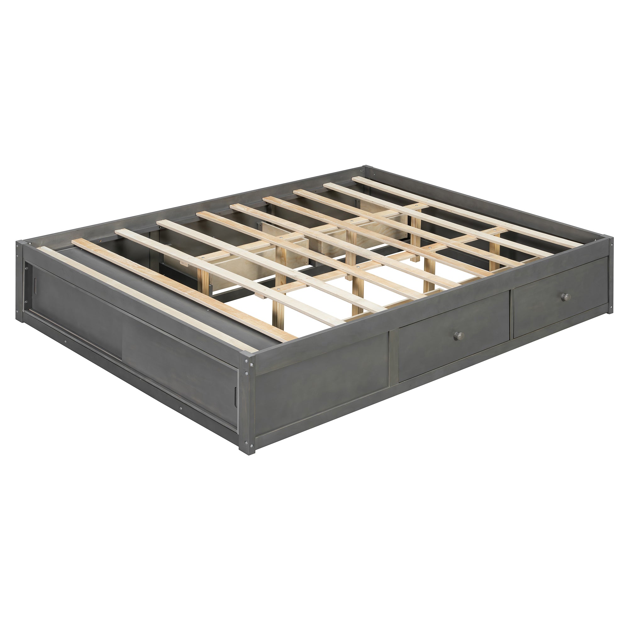 Platform Bed Frame with 4 Storage Drawers and Footboard Storage Cubby,