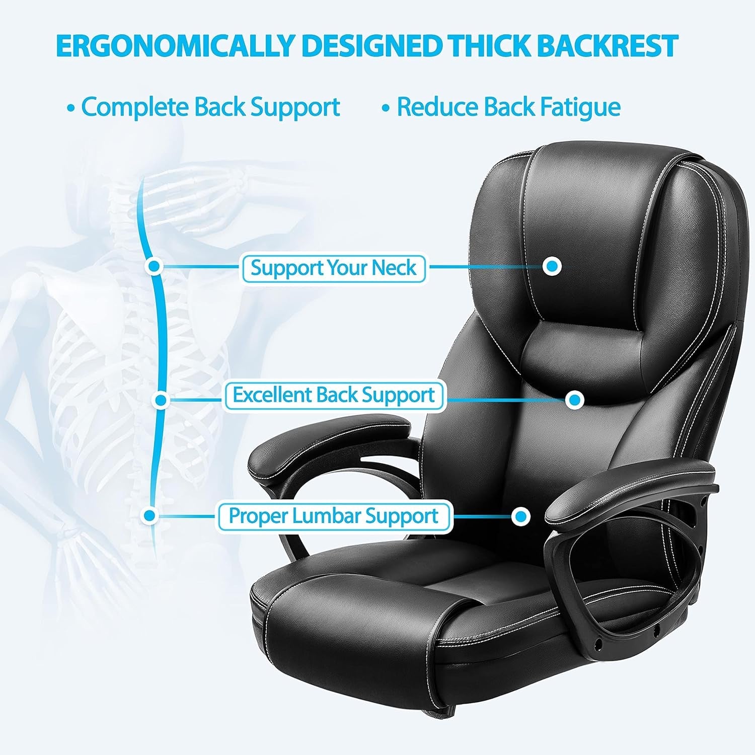 Black office chair with ergonomic features highlighted on a white background
