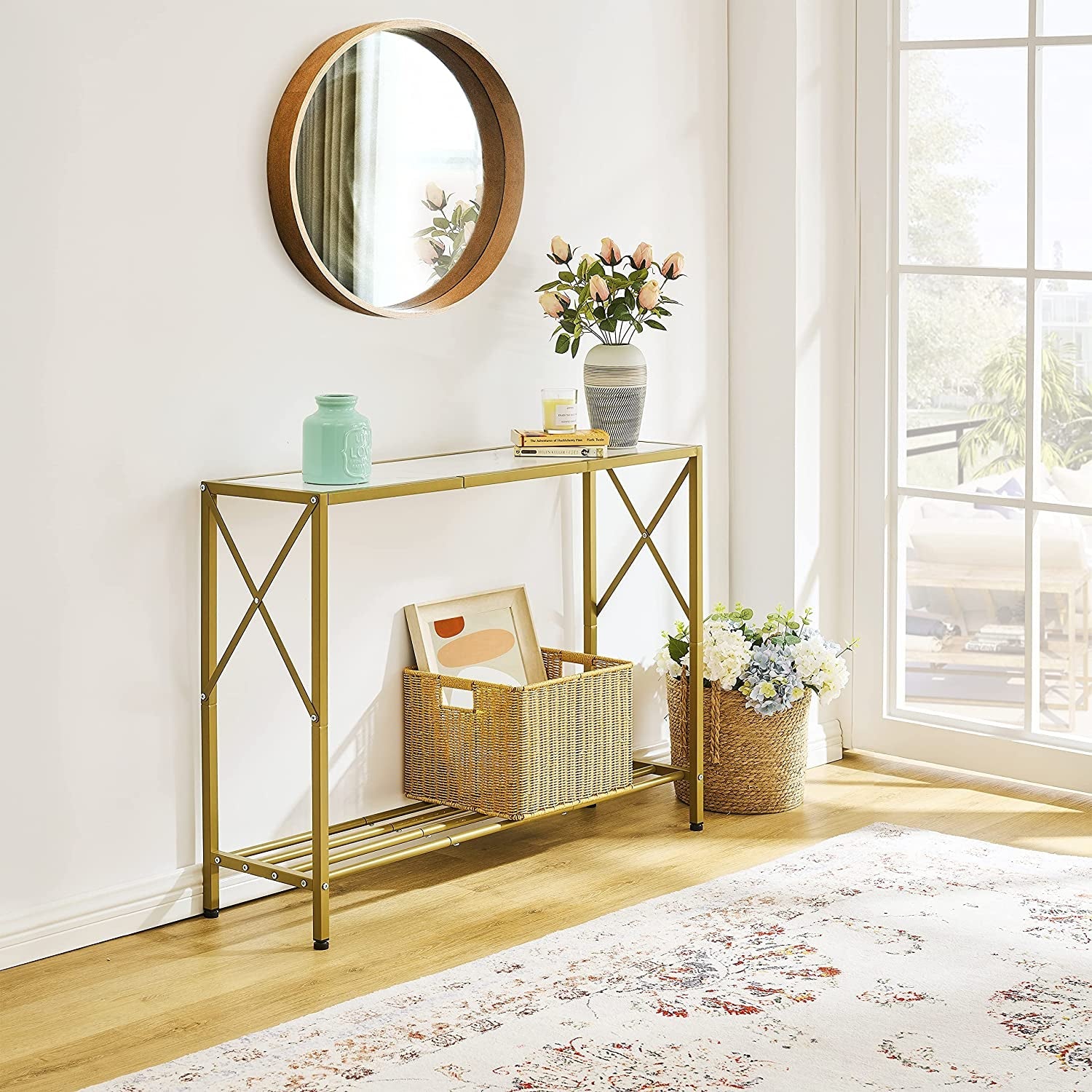 Gold And White Narrow Console Table With Shelves 41 Inch Long