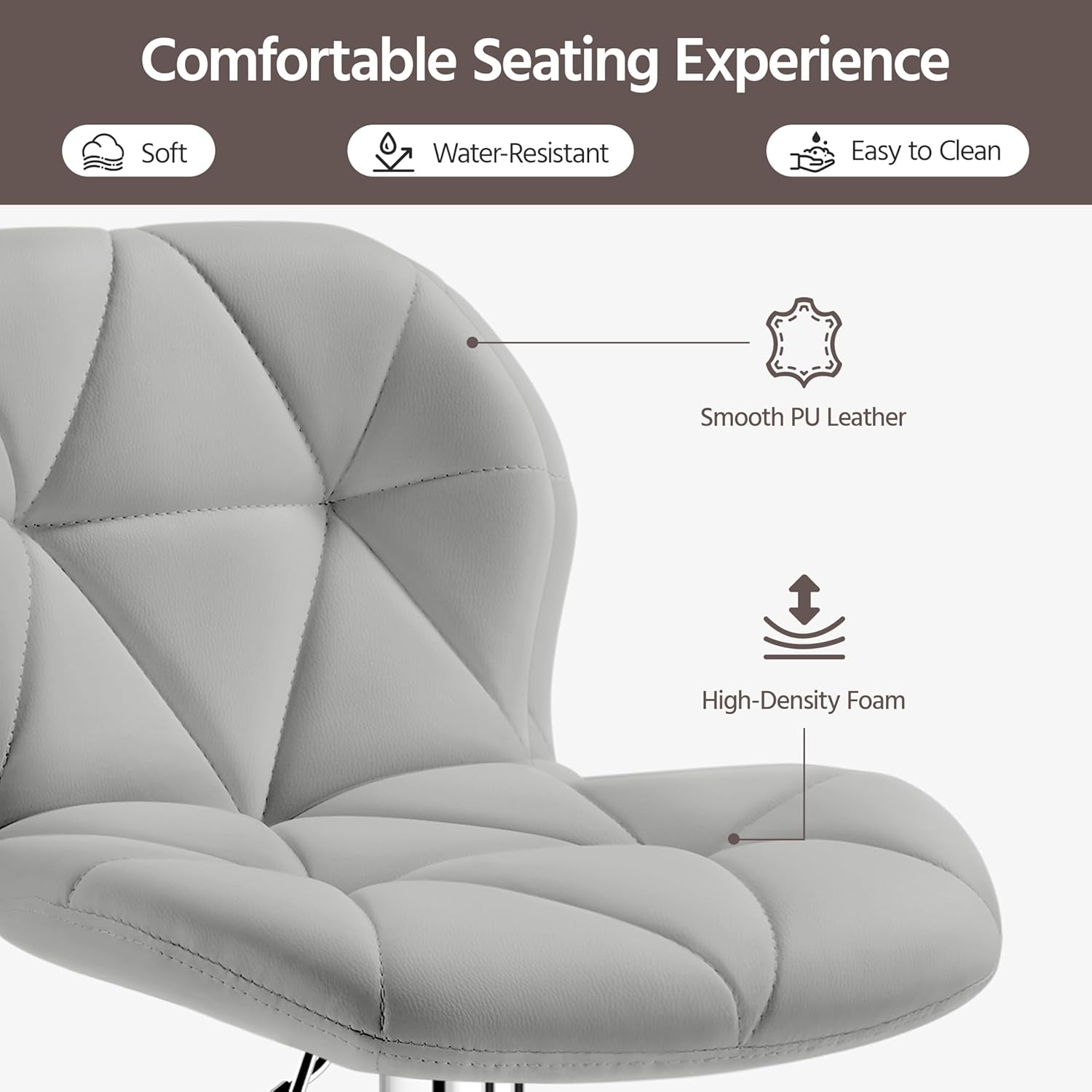 Gray chair with comfort features highlighted on a white background