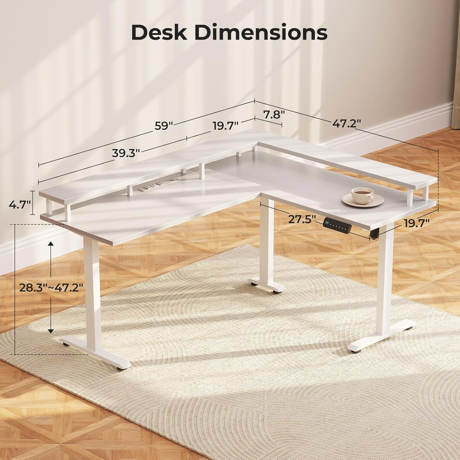 L-shaped desk with dimensions labeled on a wooden floor.