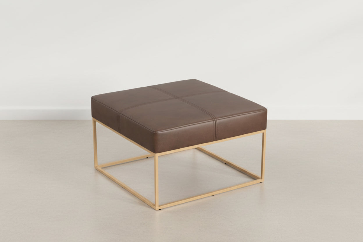 Brown leather ottoman with gold metal frame on a white background