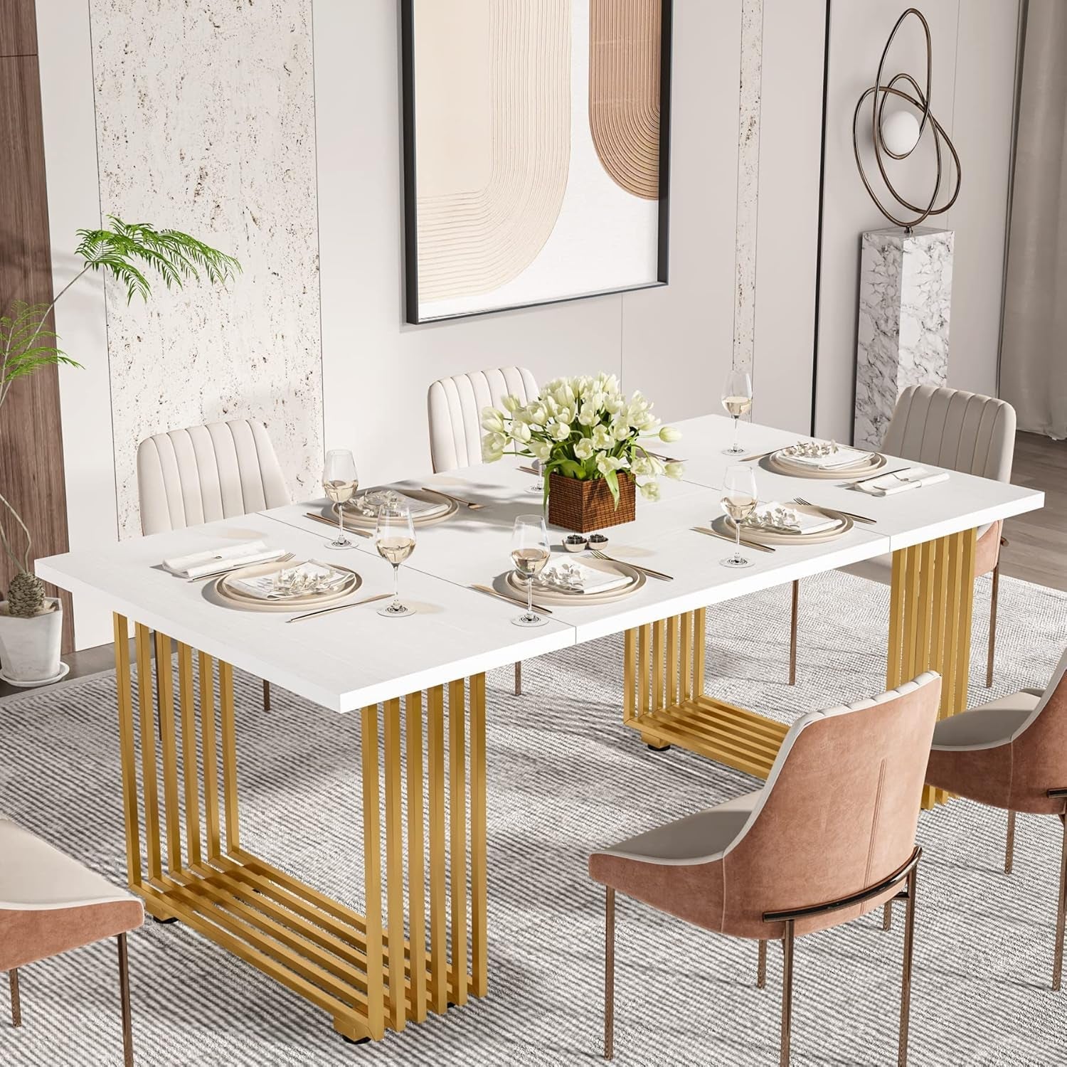 Dining table set with chairs in a modern room