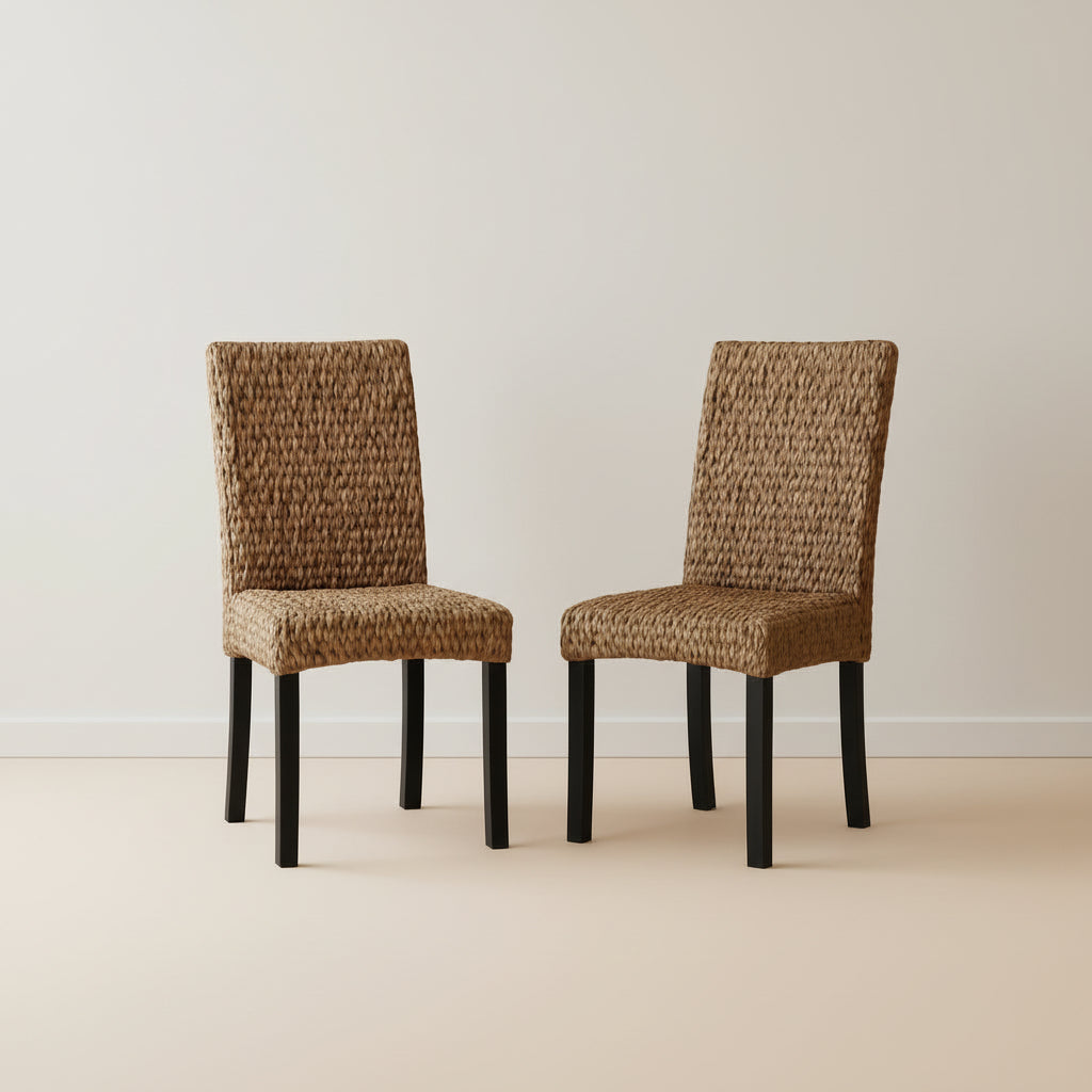 Two woven chairs with black legs on a beige floor against an orange wall.