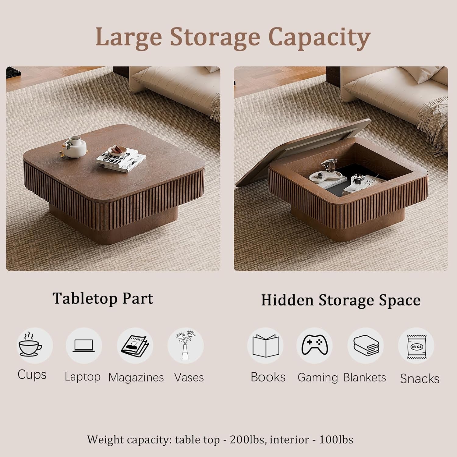 Coffee table with hidden storage space in a living room setting