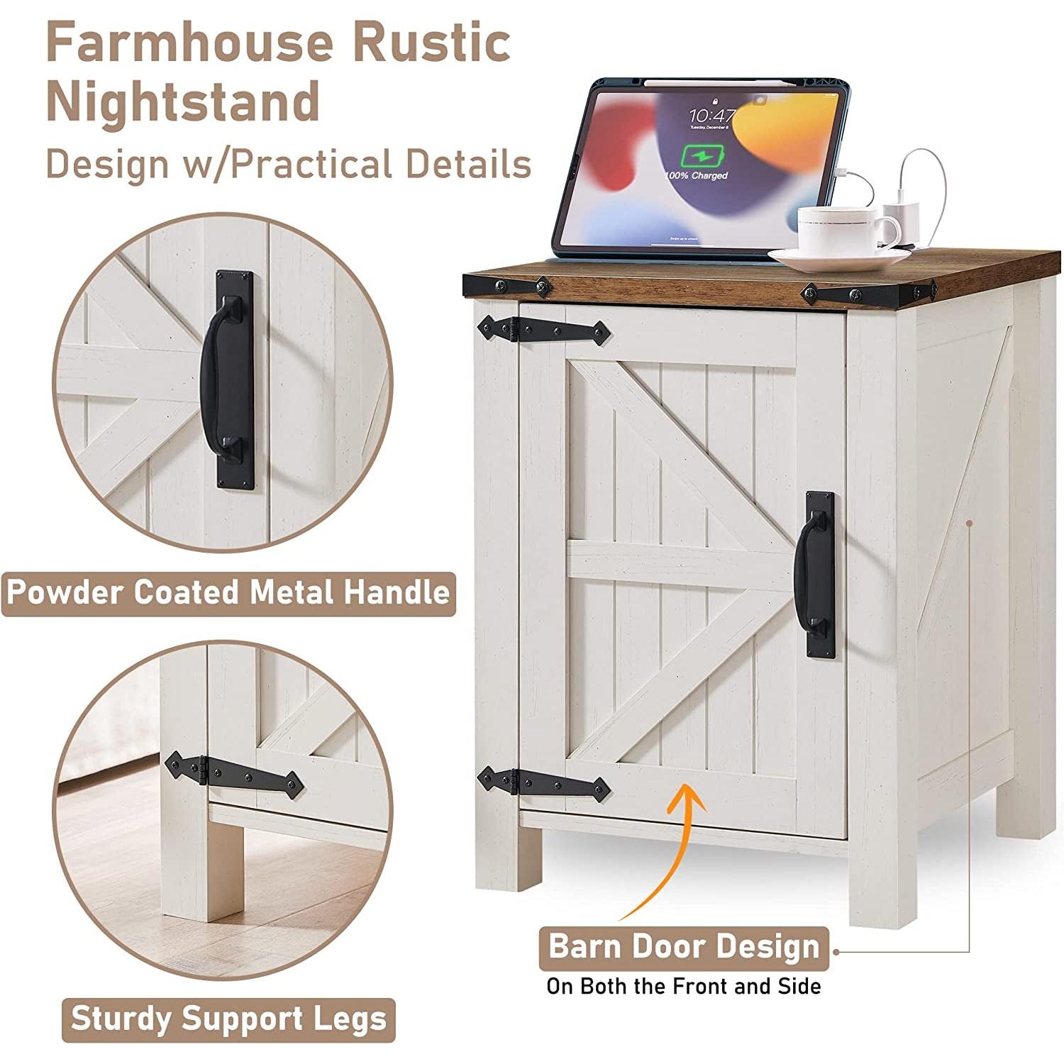 Farmhouse rustic nightstand with laptop, cup, and saucer on top, featuring close-up details of handles and legs.