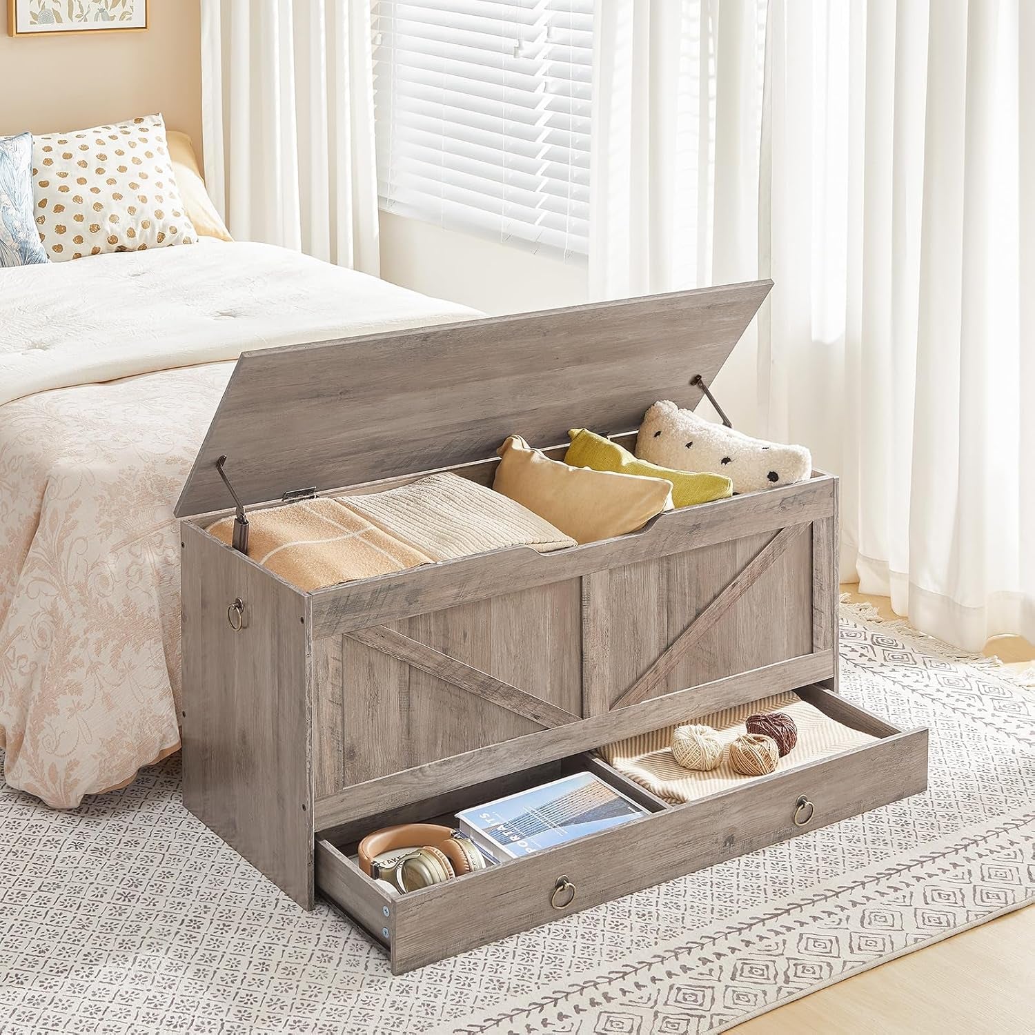 Wooden storage bench with toys in a bedroom setting