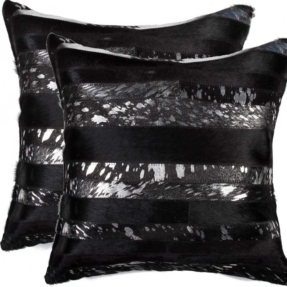 Set of Two 18" Gold and Black Cowhide Throw Pillows-4