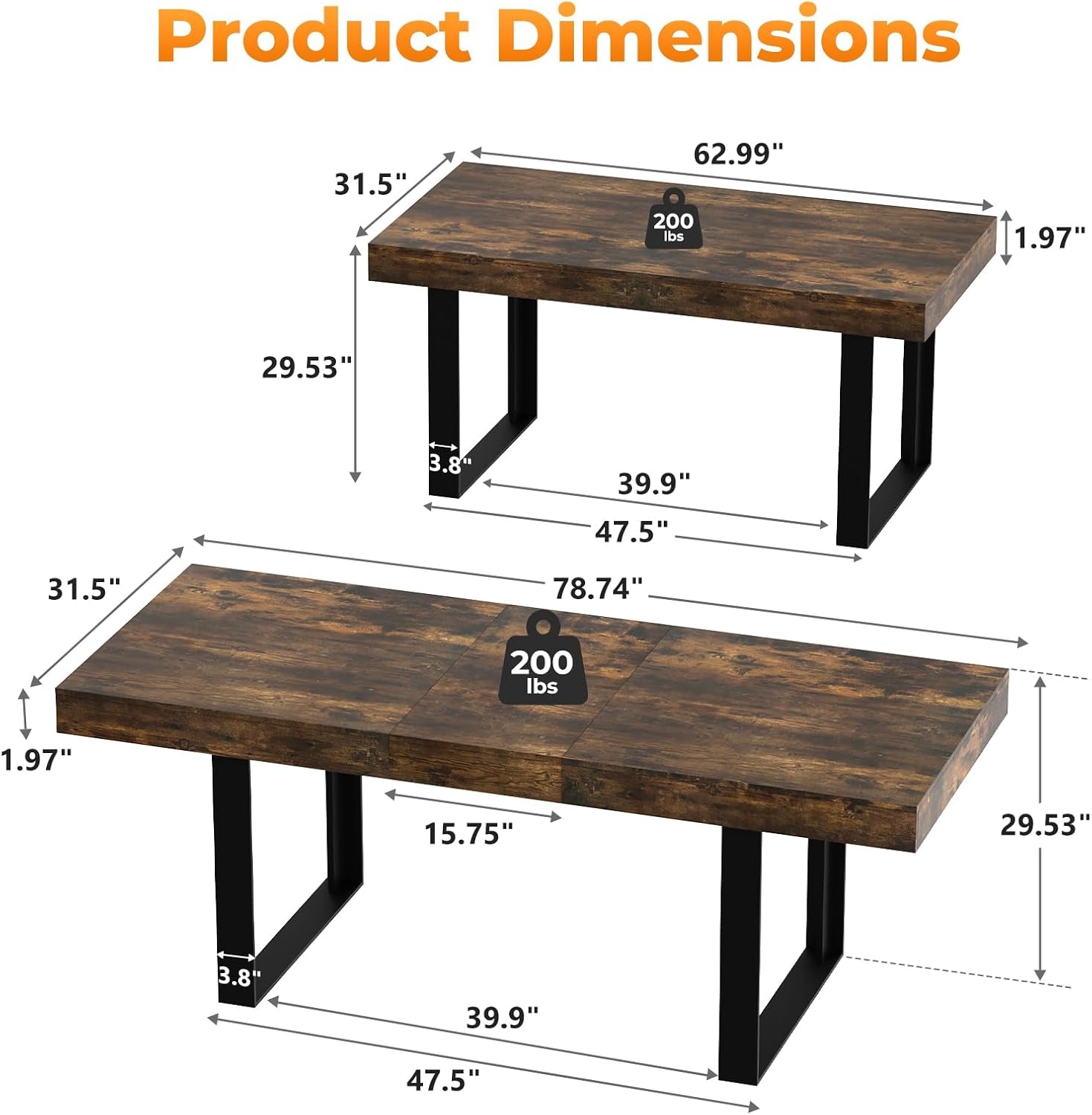 Expandable Rustic Brown Rectangular Dining Table 63in-1