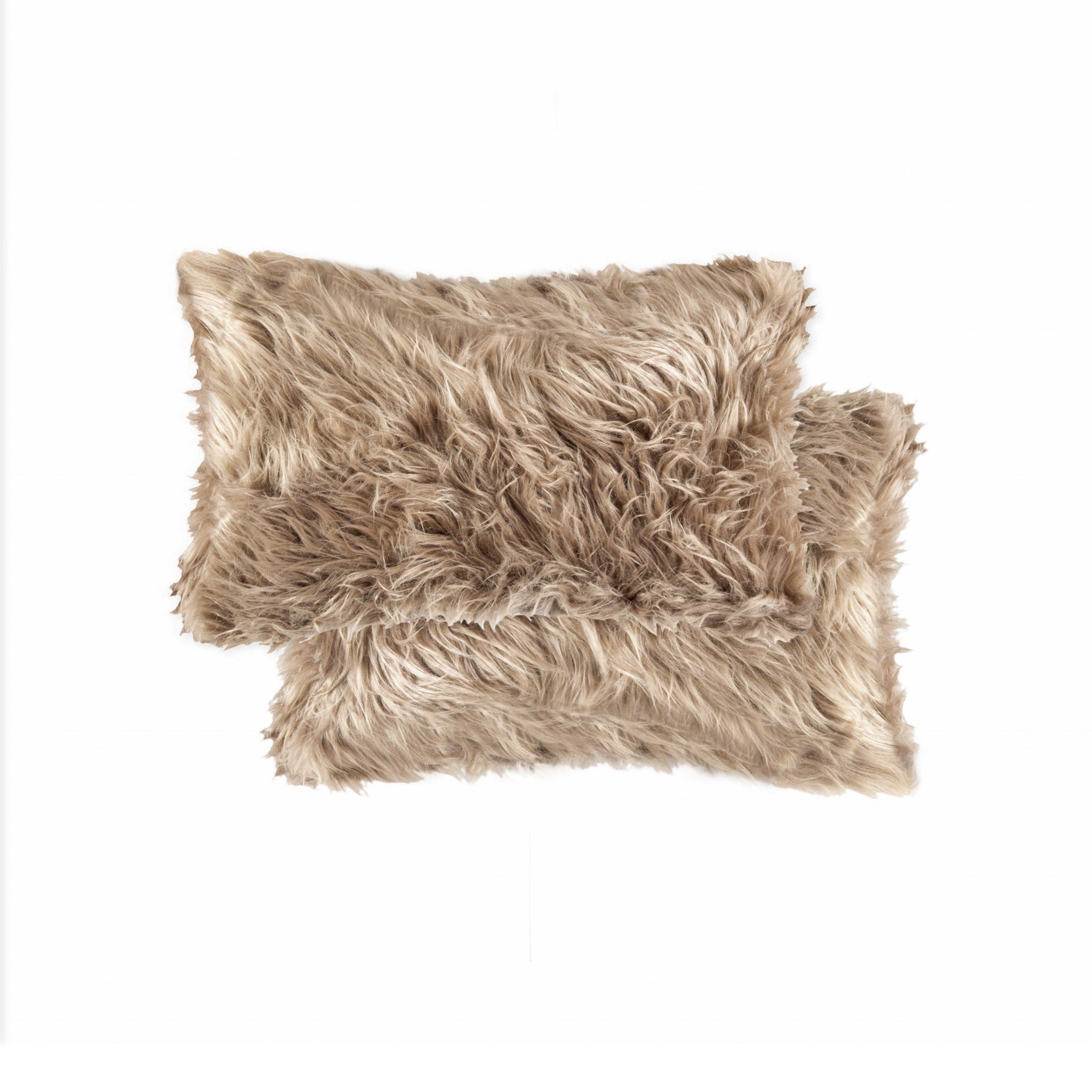 Set of Two 12" X 20" Tan Faux Fur Throw Pillows-1