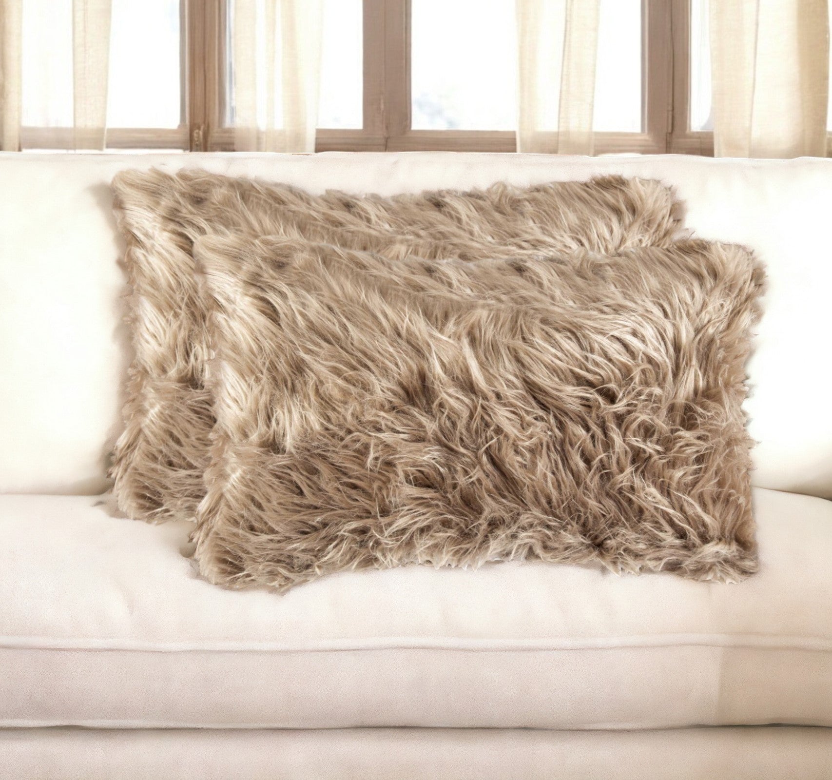 Set of Two 12" X 20" Tan Faux Fur Throw Pillows-0