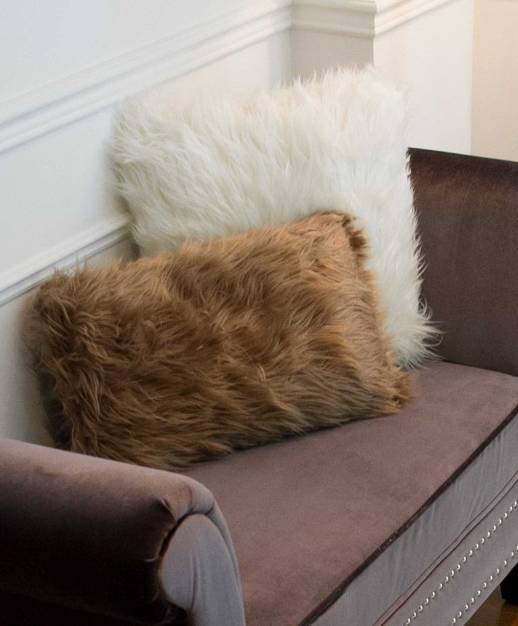Set of Two 12" X 20" Tan Faux Fur Throw Pillows-5